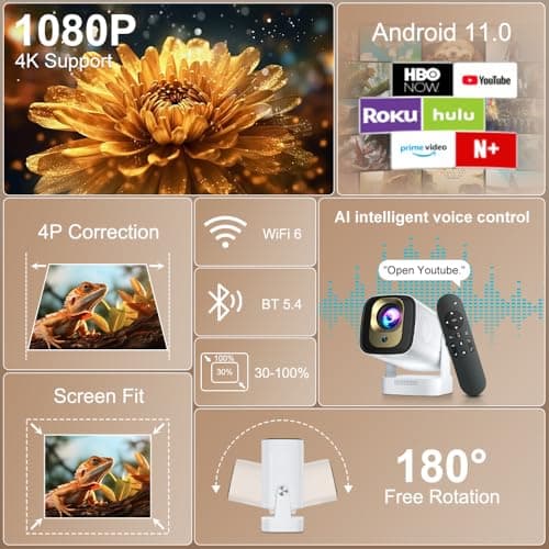 Salange Mini Projector for Bedroom [Short Throw & 2026 Upgrade],Native 1080P Mini Projector 4K & 8K Support,Auto Focus & Keystone,WiFi 6 Bluetooth 5.4,Android 14 Screen Mirroring for Outdoor Home — view 3