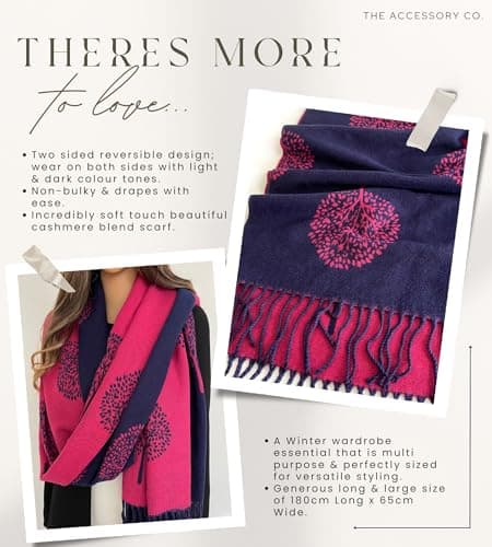 Cashmere Tree Life Blanket Scarf Gift - GIFT BOXED SCARF - Women Pashmina Shawl, Winter Scarves Women, Large Long Scarfs, Warm Scarf, Ladies Tree of Life Print (Navy Fuchsia - with gift box) — view 5