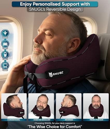 SNUGL Travel Pillow – Memory Foam Neck Pillow for Travel – Support Cushion for Airplane with Carry Bag & Clip - Holiday Essentials (Dark Red - Adult Small) — view 3