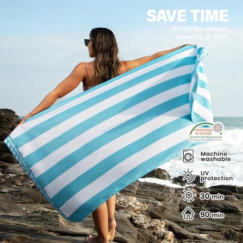 Winthome Beach Towel for Adults - Large Microfibre Beach Towel Quick-Dry, Sand Free, Lightweight, With Bag for Beach, Pool, Camping, Yoga & Outdoor Blue Stripe 90×180cm 1 Pack — view 3
