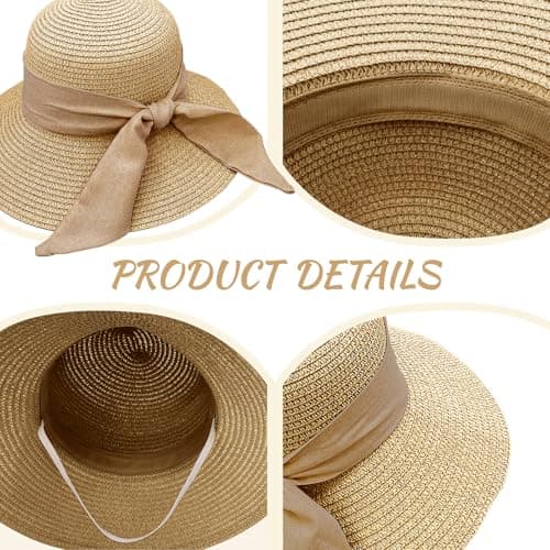 lifwimner Straw Sun Hats for Women UV Protection, Foldable Floppy Bowknot Straw Hats Wide Brim Summer Beach Cap with Chin Strap for Beach Vacation Travel Holiday (UK, Alpha, M, Khaki) — view 2