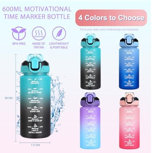 SUPPRUI Kids Water Bottle With Straw, 600ml Children Drinks for School, Leakproof BPA-Free Tritan Motivational Drink Bottles for Girls Boys (Pink) — view 6