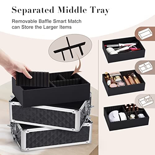 Joligrace 4-in-1 Tall Vanity Case for Women Makeup Box Make Up Beauty Trolley on Wheels Professional Large Makeup Case Organiser Rolling Box Nail Technician case with Locks (Black) — view 6