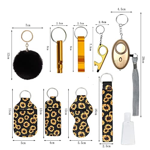 Flymind Safe Keychain Set for Girls with Personal Safety Alarm, Hand Sanitizer Holder, Whistle and Pom — view 2
