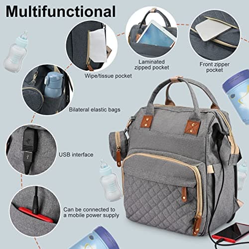 Rikmody Baby Changing Bag Backpack, Multifunctional Diaper Bags with Folding Bed, Large Capacity Nappy Backpacks Insulated Bottle Pockets, Mat, Stroller Straps, USB Port, Gray, 27*18*38cm — view 3