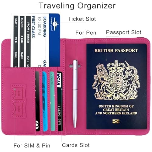 WALNEW Passport Holder, PU Leather Travel Passport Cover Wallet, RFID Passport Case with Card Holder, Travel Essentials for Women Men (Hotpink) — view 4