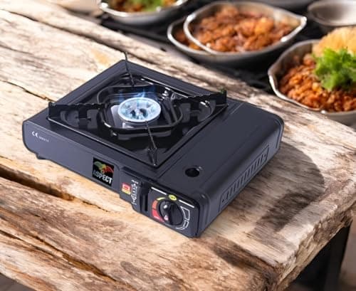 Aspect Camping Stove Portable With 4 Gas Camp Kitchen Equipment Single Burner Maximum Energy Output 2.5 Kilowatts Outdoor/Indoor - Automatic Ignition & Heat Control - Cooking Grill,Picnics,BBQ -Black — view 2