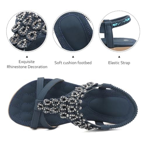 Amissz Women Sandals Flat Shoes Comfort Walking with Non Slip on Casual Summer Beach Sandals Dress Ankle Elastic Open Toe Rhinestone Bohemian Navy blue Size 7 — view 4