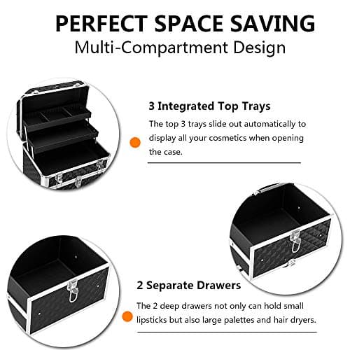 Bonnlo Aluminum Rolling Makeup Train Case, Portable Makeup Organizer Suitcase, Cosmetic Storage Box, Travel Beauty Luggage Trolley Lockable w/4 Removable Wheels & 2 Sliding Drawers -Black — view 4