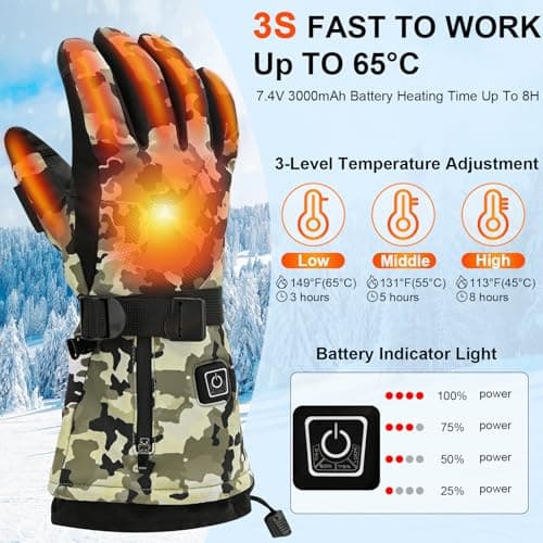 Heated Gloves Camo for Men, 7.4V 6000mAh Rechargeable Electric Hunting Gloves (2x3000mAh), Waterproof Windproof Camo Thermal Hand Warmers for Deer Hunting, Fishing, Outdoor Work, Hiking(XL) — view 2