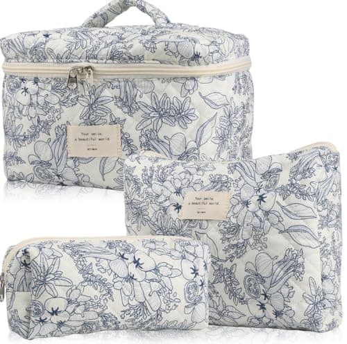 Aucuu 3PCS Coquette Makeup Bag, Quilted Makeup Bag for Women, Floral Cotton Cosmetic Bag Set, Large Capacity Aesthetic Floral Toiletry Bag, Travel Toiletry Bag, Wash Organizer Pouch for Women Girls