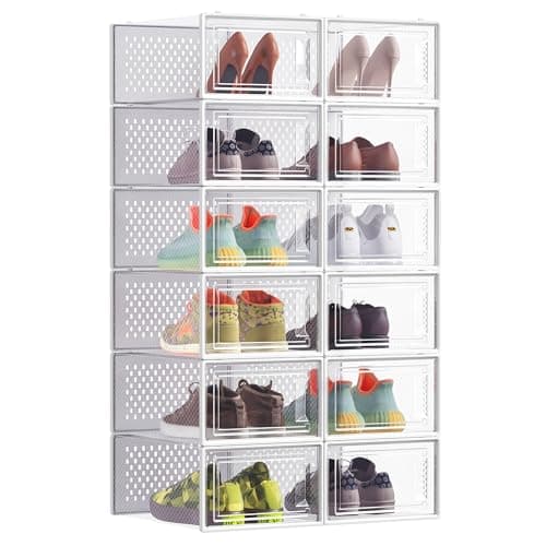 SONGMICS Shoe Boxes, Pack of 12 Stackable Shoe Storage Organisers, Foldable and Versatile for Sneakers, Fit up to UK Size 8, Transparent and Cloud White LSP12SWT
