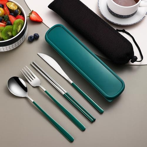 VANRA 4-Piece Portable Travel Utensils Set with Case 18/8 Stainless Steel Flatware Set Reusable Cutlery Set with Fork Spoon Knife Chopstick for Lunch Travel Camping School Work Picnic (Deep Green) — view 3