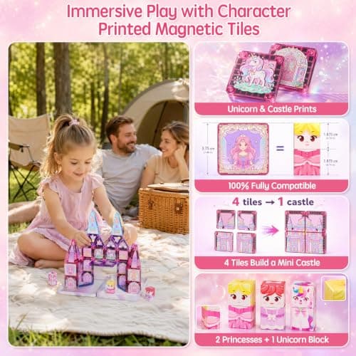 Travel Magnetic Tiles Girls: 42pcs Unicorn Tin Case Building Set Gift — view 3