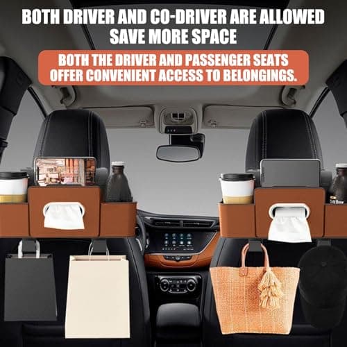 JSCARLIFE 3-in-1 Car Backseat Organizer with Cup Holder & Trash Bin,Multifunctional Seat Storage for Phones,Snacks & Handbags –Tissue Box & Hooks Included (Brown) — view 3