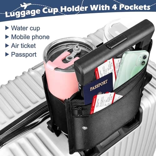 Yotako Suitcase Cup Holder, Portable Travel Cup Holder with Handle, Foldable, Black, Faux Leather, Holds Two Coffee Mugs & 3 Zippered Pockets for Beverages & Valuables, Airport Travel Accessory — view 3