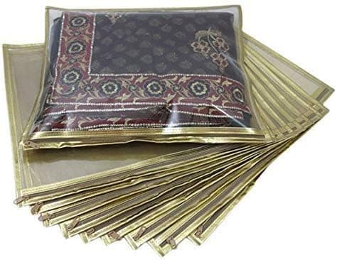 Set of 10 Transparent Saree Covers with Stainless Steel Zip Lock | Golden Border Storage Bags for Single Saree Pack | 14x17 Inch Clothes Organizer for Wardrobe & Travel Use