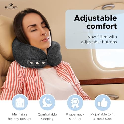 SnoozEasy™ Travel Pillow for Adults | High-Density Memory Foam Neck Pillow for Airplane | Adjustable Flight Travel Cushion with Eye Mask, Ear Plugs, Carry Bag & Carabiner Clip | UK Brand — view 3