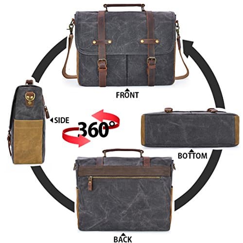 NEWHEY Mens Laptop Shoulder Canvas Messenger Bag Waterproof Computer Briefcase Notebook Vintage Satchel Designer School Work Bags Grey 15.6 Leather — view 6