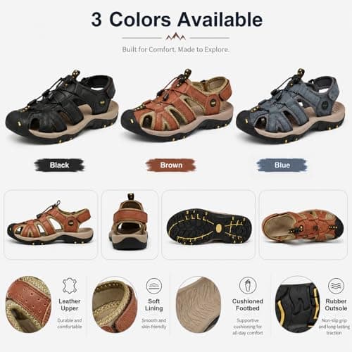 Hixingo Men's Sandals Closed Toe Wide Fit Size 5-13 UK, Leather Sandals for Men Summer Beach Slippers with Adjustable Drawstring Lightweight Non-Slip Sole for Walking Holiday (Blue,8) — view 5