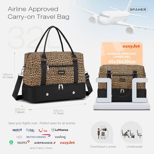 SPAHER Easyjet Cabin Bag 45x36x20 Travel Duffle Bag with Shoes Compartment & Wet Pocket Waterproof Carry on Hand Luggage with 1 Makeup Bag for Women Weekend Overnight Gym Sports — view 3