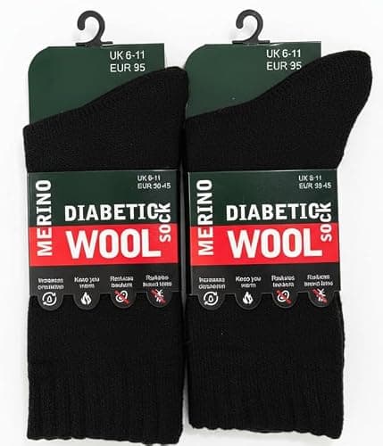 ITRAT Men’s Merino Wool Diabetic Socks UK Size 6–11 – Soft, Non-Binding Thermal Socks Breathable & Cushioned Comfort Fit for Sensitive or Swollen Feet (Black)