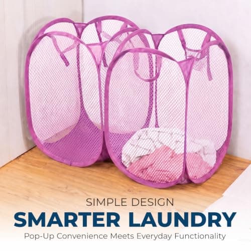 HOMESHOPA Laundry Baskets Pop Up Mesh Washing Bag, Pink Foldable Dirty Clothes Baskets with Handles&Side Pocket, Collapsible Toy Tidy Storage Organiser, Great for Kids Room, College Dorm Travel — view 4