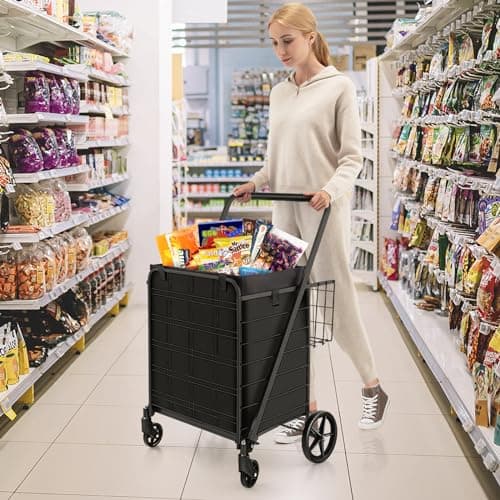 TANGZON Folding Shopping Cart on Wheels, 126L/150KG Capacity Metal Grocery Cart with Extra Basket, Removable Liner & Dense Mesh Base, Jumbo Portable Utility Push/Pull Trolley for Market (Black) — view 5