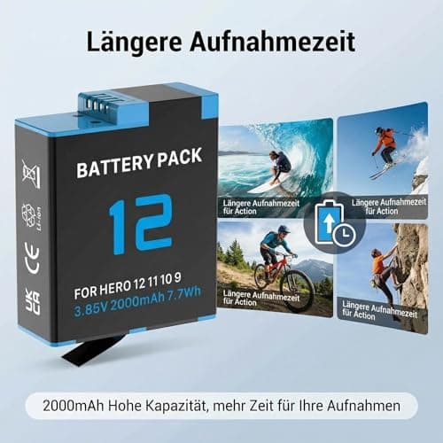 2000mAh Battery for GoPro Hero 12/11/10/9, Replacement Li-Ion 3.85V Rechargeable Battery Pack Compatible with GoPro Hero 12/11/10/9 — view 5