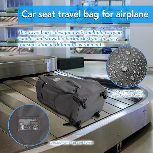 Jenen Jnzen Car Seat Travel Bag with Wheels Heavy Duty Water-Resistant Protective Cover for Airplane Travel & Rolling Design, Padded Handle,Padded Adjustable Strap (Grey) — view 3