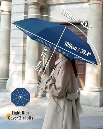 Chakipee Umbrella Windproof Strong Compact Travel Blue Pocket Automatic Reflective Safety Strip Folding Outdoor for Rain Inverted Umbrellas for Men and Women 8 Ribs Double Canopy Portable — view 5