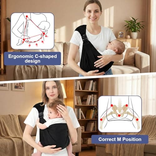 AYESY Baby Carrier, Portable Toddler Sling Carrier with Adjustable Thick Shoulder Straps, Soft Baby Sling for Newborn Up to 3-24 Months, Breathable and Comfortable(Black) — view 5