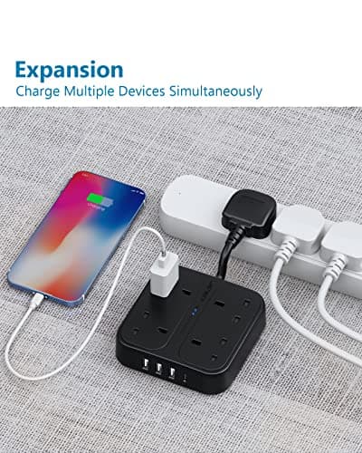 JSVER Extension Lead with 4 USB Ports Plug Extension with 4 Outlets (3250W) and 1 USB C Port,3 USB A Ports Power Socket Surge Protection for Home Travel, Black — view 6