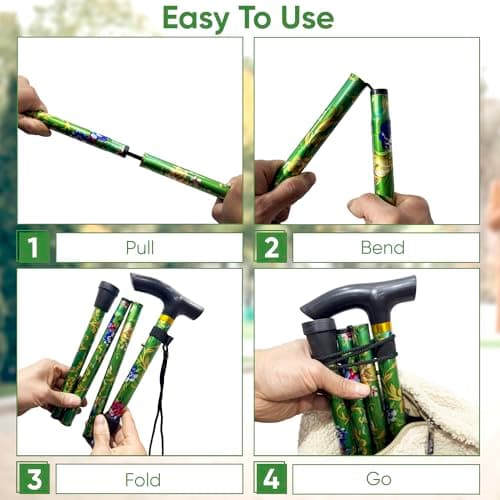 PLASTIFIC Walking Stick, Easy Adjustable Height Folding Extendable Walking Cane, Lightweight Flexible and Durable Walking Aid Mobility Aid Collapsible Walking Stick (Green Flower) — view 2