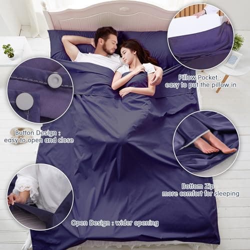 Plliocse Sleeping Bag Liner Travel Sheet Sleeping Bag, Double Size 160 x 210 cm Sleeping Bags Liners with Pillow Pockets for Adults, Travel, Hotels, Business Trip, Camping (Navy Blue, 160cm x 210 cm) — view 3