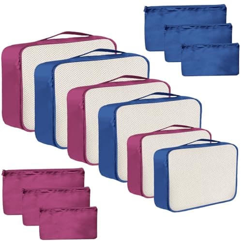 12 Piece Packing Cubes, Multi Coloured Packing Cubes for Suitcases, Mesh & Flat Zip Bags, Large Medium Small Sizes, Lightweight Travel Cubes for Luggage Storage (12, Navy Burgundy)