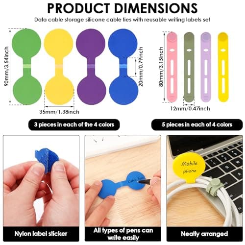 Silicone Cable Ties Reusable 20 Pack - Adjustable Cord Organizer with 12 Writable Cord Labels, Elastic Wire Management Ties for Phone Charger, USB, PC, Travel Gadgets & Small Appliances — view 3