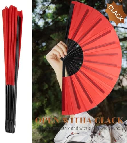 HeHeGe Large Folding Hand Fan Hand Folding Fans Chinese Tai Chi Folding Fan for Men and Women Performance, Dance, Line Dancing，Decorations, Festival, Gift (Red) — view 3