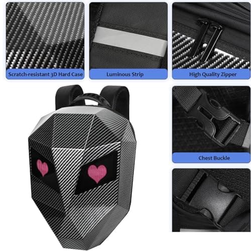 Nurnesy LED Backpack Large Capacity, Programmable Waterproof Carbon Fiber Textured Digital Backpack for Travel Motorcycle with USB Port for Power Bank, App Controlled, DOT Screen — view 4