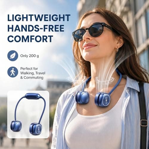 LUCYLANKER Foldable Neck Fan, Portable Neck Fan Rechargeable, Bladeless Quiet 360° Adjustable Personal Fan, 3 Speeds Hands Free Wearable Fan for Travel, Walking, Camping, Office, Navy Blue — view 4