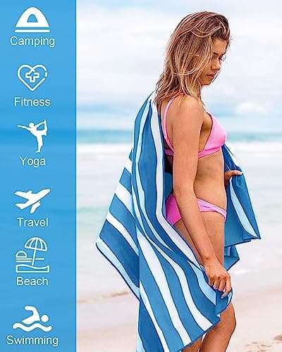 Victoper Microfiber Beach Towel d Rapid Drying Sand Free Soft Compact Lightweight Qualities Beach Towels for Adults Ideal for Swimming Beach Yoga Camping Gym Carry Bag Sky Blue Stripes 63x35 Inch — view 4