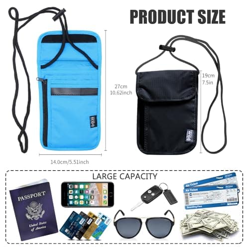 JSTHHTT 2 Pcs Neck Pouches - Phone Pouch with Neck Strap, RFID Blocking Travel Neck Wallet for Women and Men - Secure Neck Pouches and Passport Holder, Black Blue — view 2