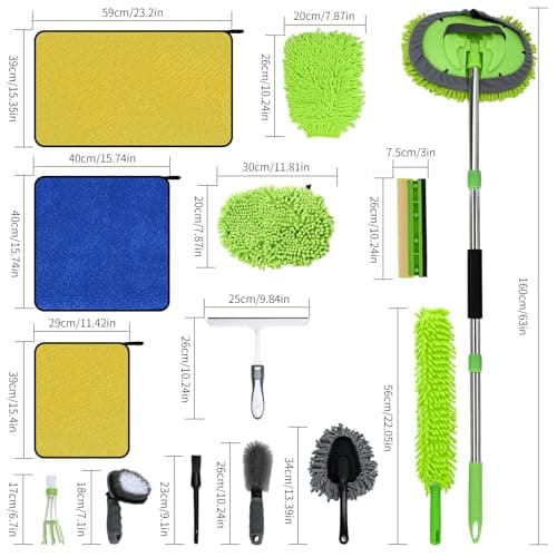 COVVY 14 Pcs Car Cleaning Kit,62 Inch Car Wash Mop Head with Long Handle,Wash Mop Mitt,Window Scraper,Soft Cleaning Cloth,Duster,Storage Bag,Car Wheel Brush,Detailing Brush Set for Cleaning Car,Wheels — view 2