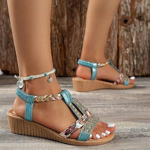 AEHAXGD Rhinestone Wedge Sandals for Women 2026 Summer Orthopedic Bohemia Sparkly T Strap Shoes Embellished Jeweled Beaded Sandals with Elastic Ankle Strap Comfy Cute Sandals for Beach Travel — view 5