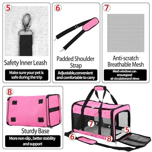 Soft Sided Foldable Cat/Dog/Pet Carrier Bag, Portable Puppy/Pets Travel Carriers For Cats/Dogs With Shoulder Strap & Removable Mat, Durable Cat Basket of 17 lbs Airline Approved - Pink, M — view 5
