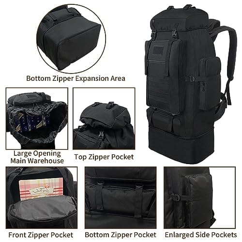 Vaupan Hiking Backpack,100L Large Camping Backpack, Expandable Waterproof MOLLE Rucksack, Outdoor Sport Travel Daypack Military Tactical Backpack for Men Women (Black) — view 5
