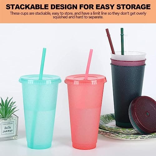 Pack of 5 Drinking Cups with Straw and Lid - 24 oz Plastic Cups Smoothie Coffee Mug To Go Travel Mug Cup for Children Adults Reusable Plastic Cups — view 4