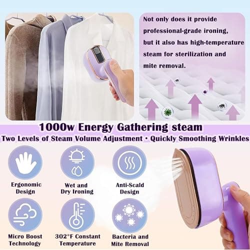Loveächt Purple Travel Iron Steam Iron - 180° Rotating Foldable Handheld - Ceramic Soleplat - Portable Iron Steamer for Travel, Home — view 5