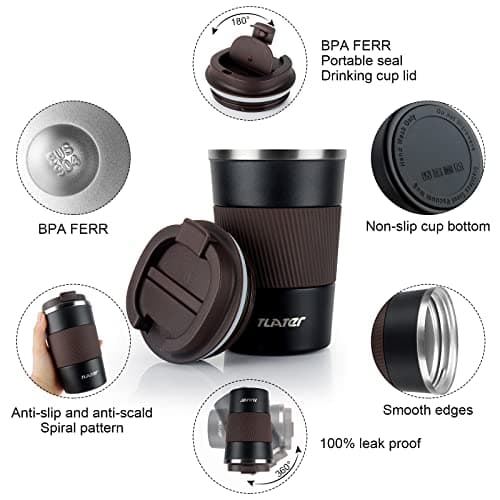 Tlater 380ml Insulated Coffee Cup Travel Mug with Leakproof Lids - Double Walled Vacuum Stainless Steel Travel Coffee Mug for Hot & Cold Drinks — view 2