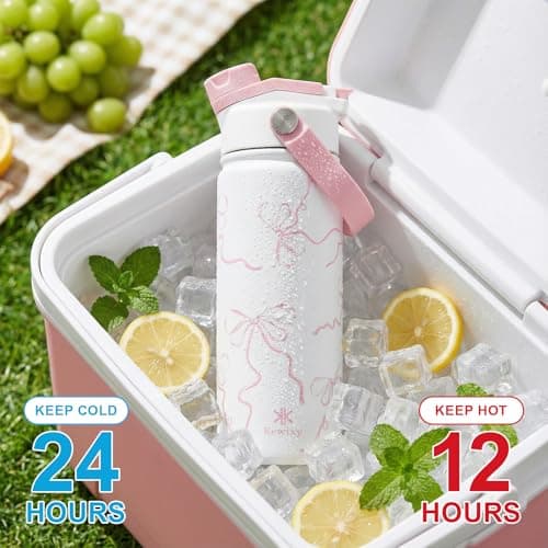 KEWIXY Pink Bow Water Bottle 500 ml/18 oz, 2-in-1 Lid, Stainless Steel Water Bottle with Straw for Women Girls, Ideal Birthday and Back to School Gift (Breeze Pink Bow1) — view 3